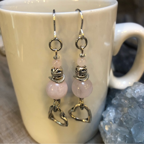 Rose Quartz Silver Heart Earrings - Picture 3 of 4